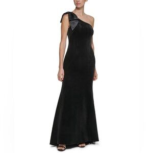 Eliza J Black Velvet One-Shoulder Bow Gown – Size 10 (hem alteration)